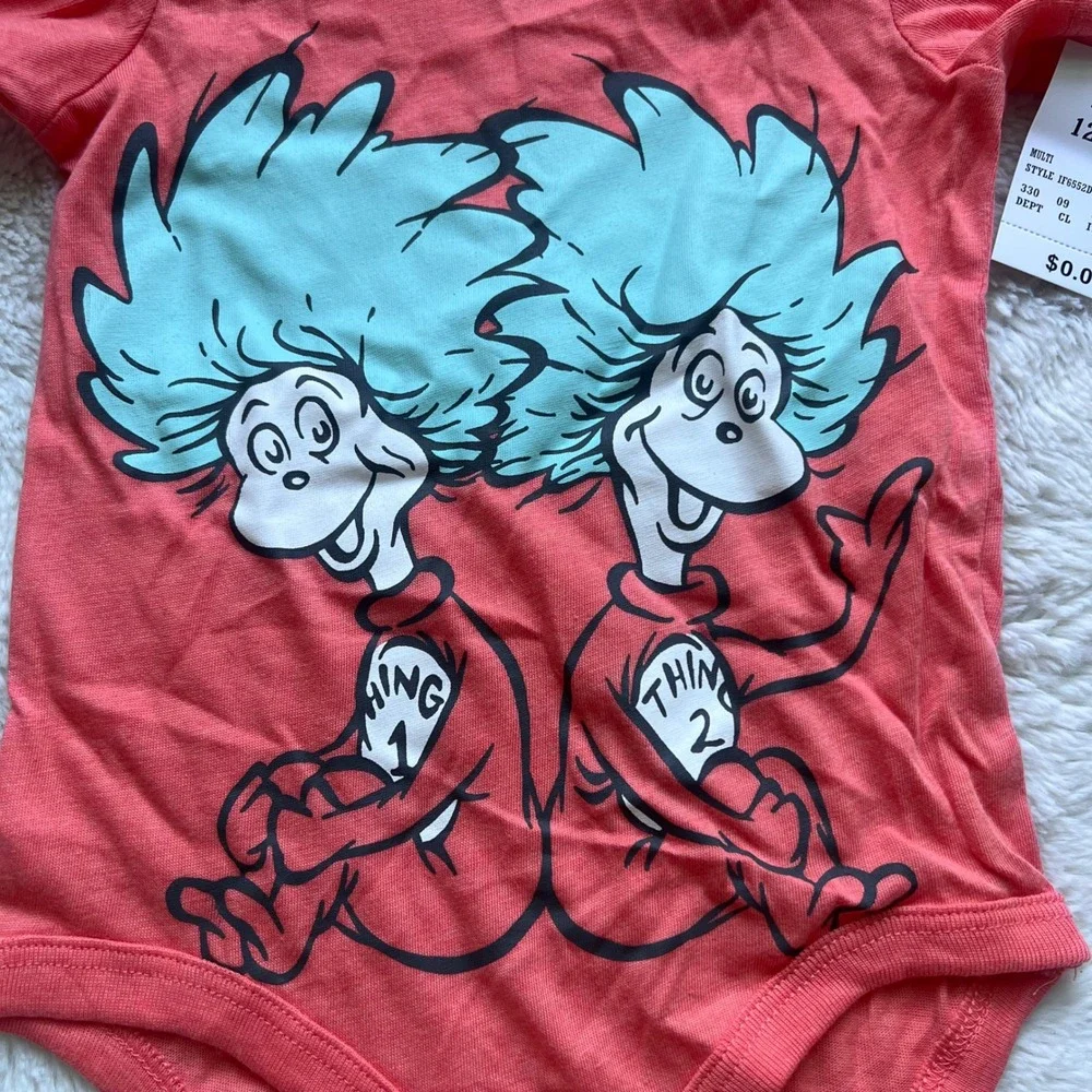 Dr Seuss Thing 1 Thing 2 Coral Pink Baby Bodysuit Size 12M IF6552DSJ1269 NWT